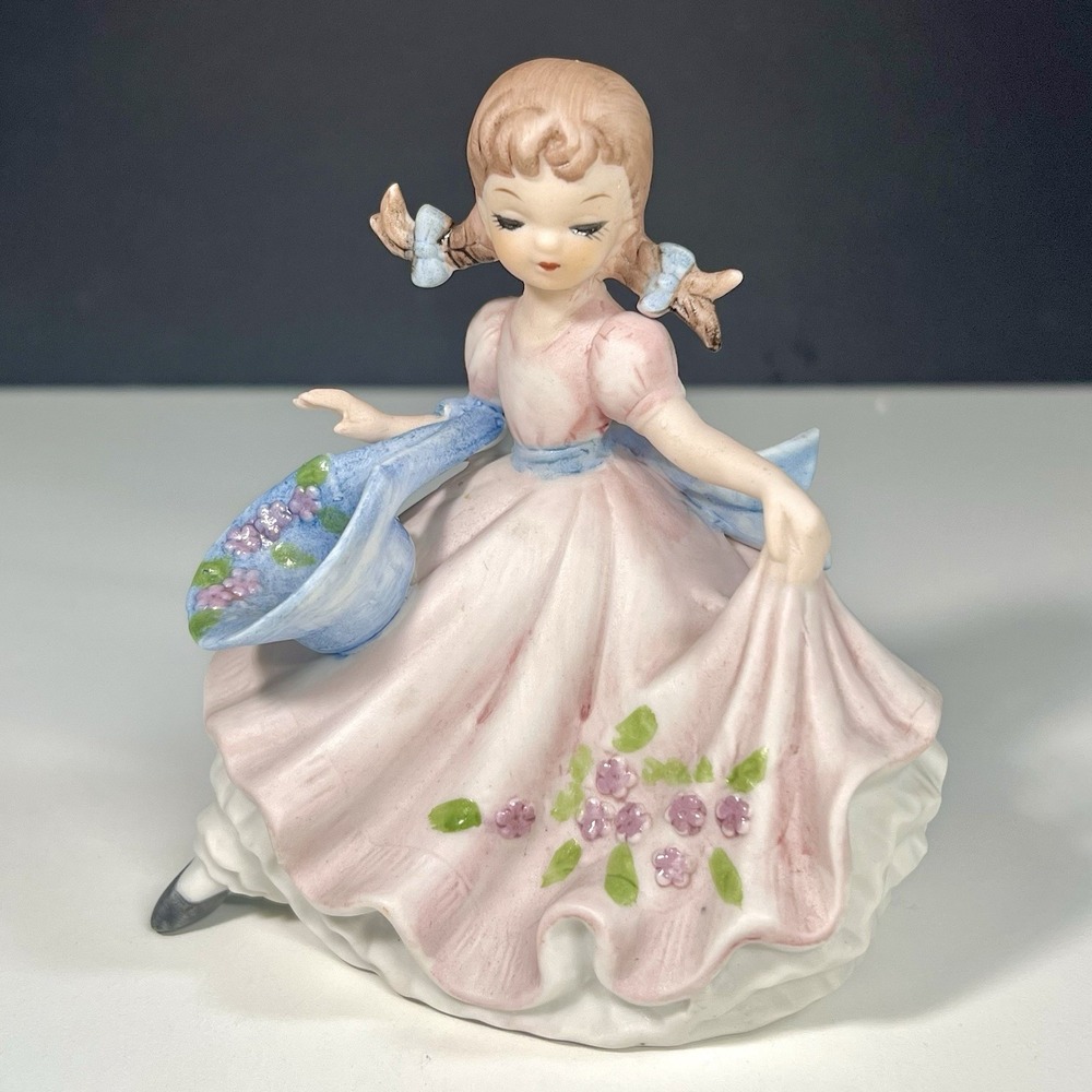 Vintage Josef Originals Becky Barn Dance Figurine Pink Dress Bisque 4 1/2"